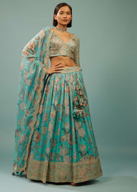 Sky Blue Lehenga Choli Set In Organza With Print & Embroidery