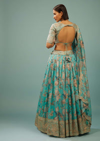 Sky Blue Lehenga Choli Set In Organza With Print & Embroidery