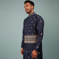 Persian Blue Bandi Jacket Set In Raw Silk With Floral Butti & Aari Embroidery