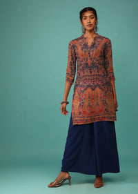 Midnight Blue Palazzo Suit Set In Crepe With Kashmiri Floral Print And Embroidery