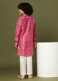 Kalki Valentine Red Boys Kurta Set In Tussar Silk With Threadwork On The Yoke For Boys