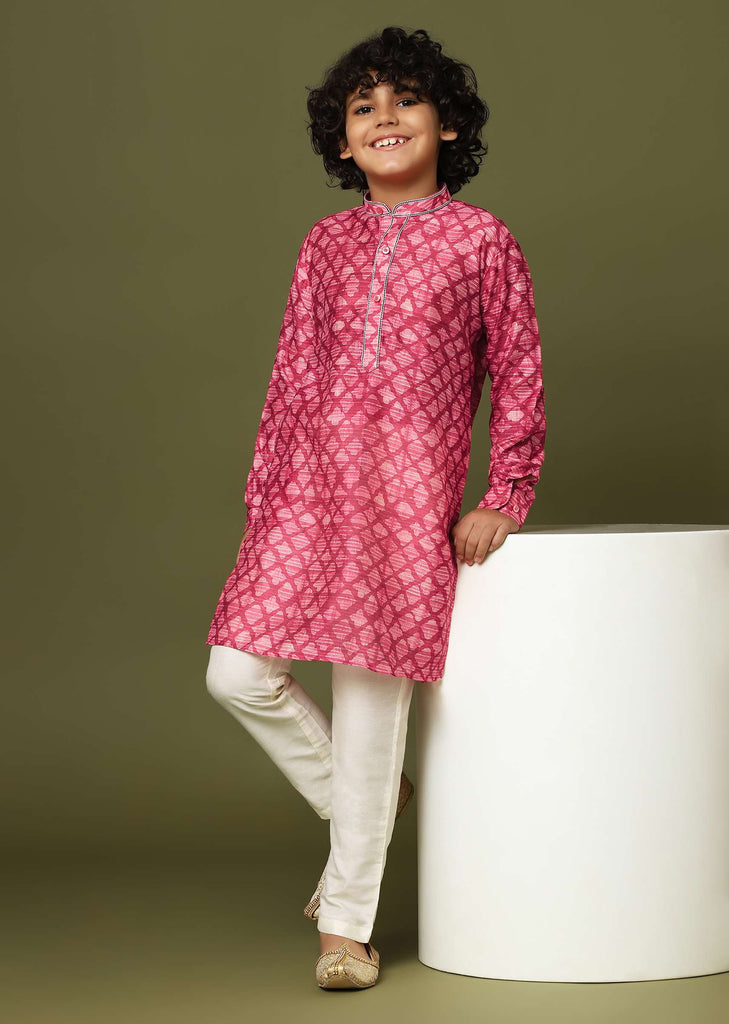 Kalki Valentine Red Boys Kurta Set In Tussar Silk With Threadwork On The Yoke For Boys