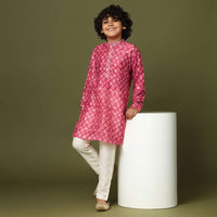 Kalki Valentine Red Boys Kurta Set In Tussar Silk With Threadwork On The Yoke For Boys