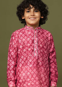 Kalki Valentine Red Boys Kurta Set In Tussar Silk With Threadwork On The Yoke For Boys