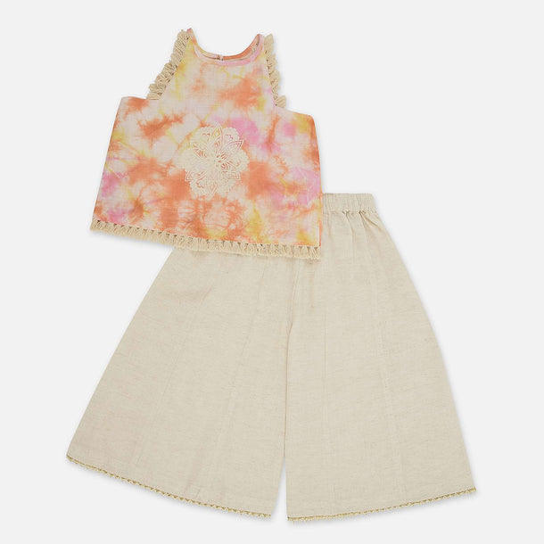 Kalki White Tie-Dye Top And Palazzo Set In Cotton For Girls