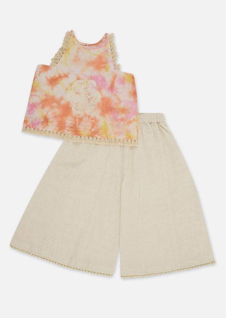 Kalki White Tie-Dye Top And Palazzo Set In Cotton For Girls