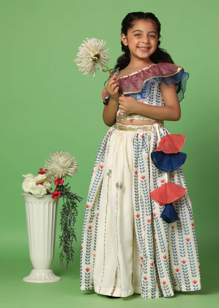 Kalki White Printed Top And Lehenga Set In Cotton Silk For Girls