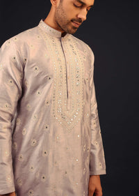 Grey Mirror And Thread Embroidered Kurta Set