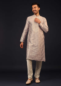 Grey Mirror And Thread Embroidered Kurta Set