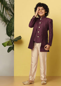 Kalki Wine Embroidered Sherwani Set In Raw Silk With Threadwork And Sequins For Boys