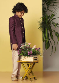 Kalki Wine Embroidered Sherwani Set In Raw Silk With Threadwork And Sequins For Boys