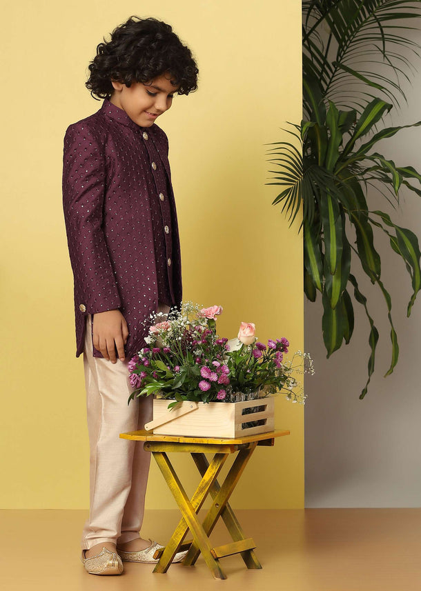 Kalki Wine Embroidered Sherwani Set In Raw Silk With Threadwork And Sequins For Boys