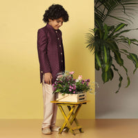 Kalki Wine Embroidered Sherwani Set In Raw Silk With Threadwork And Sequins For Boys