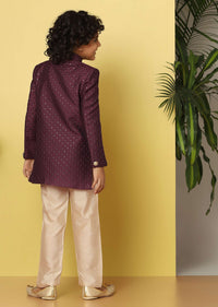 Kalki Wine Embroidered Sherwani Set In Raw Silk With Threadwork And Sequins For Boys