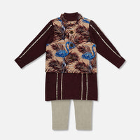 Kalki Wine Purple Flamingo Printed Jacket Kurta Set In Cotton For Boys