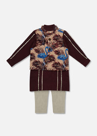 Kalki Wine Purple Flamingo Printed Jacket Kurta Set In Cotton For Boys