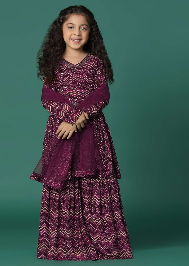 Kalki Wine Purple Embroidered Kurta And Sharara Set In Satin Blend For Girls