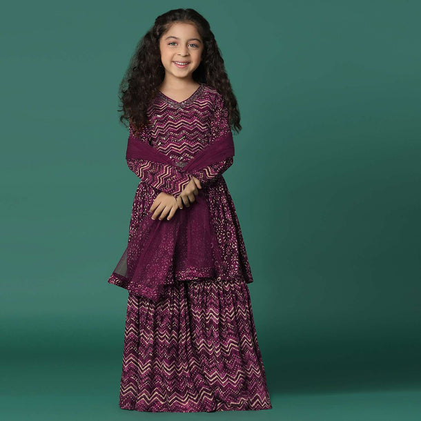 Kalki Wine Purple Embroidered Kurta And Sharara Set In Satin Blend For Girls
