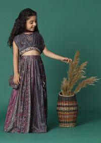 Kalki Wine Purple Embroidered Lehenga Blouse Set In Satin Blend For Girls