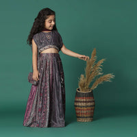 Kalki Wine Purple Embroidered Lehenga Blouse Set In Satin Blend For Girls