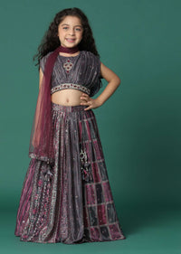 Kalki Wine Purple Embroidered Lehenga Blouse Set In Satin Blend For Girls