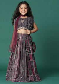 Kalki Wine Purple Embroidered Lehenga Blouse Set In Satin Blend For Girls