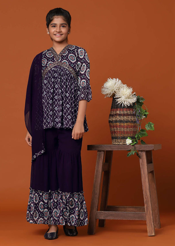 Kalki Wine Purple Bandhani Printed Kurti And Palazzo Set In Georgette Chinon For Girls