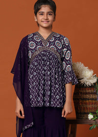 Kalki Wine Purple Bandhani Printed Kurti And Palazzo Set In Georgette Chinon For Girls