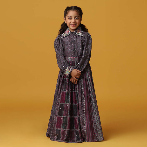 Kalki Wine Purple Top And Skirt With Sequins Embroidery In Chinon For Girls
