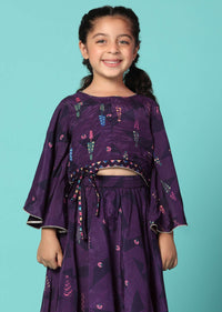 Kalki Wine Purple Top and Lehenga Set In Moga Silk With Print For Girls