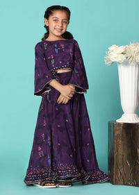 Kalki Wine Purple Top and Lehenga Set In Moga Silk With Print For Girls