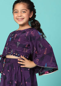 Kalki Wine Purple Top and Lehenga Set In Moga Silk With Print For Girls