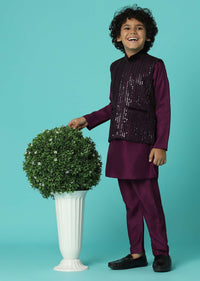 Kalki Wine Red Jacket Kurta Set In Silk With Sequins Embroidery For Boys