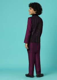Kalki Wine Red Jacket Kurta Set In Silk With Sequins Embroidery For Boys