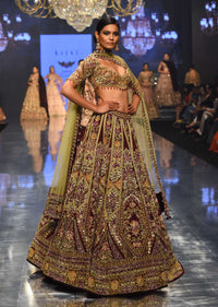 Wine Red Queenly Bridal Lehenga In Velvet With Heavy Floral Embroidery - NOOR 2022