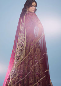 Wine Red Queenly Bridal Lehenga In Velvet With Heavy Floral Embroidery - NOOR 2022