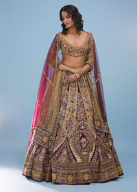 Wine Red Queenly Bridal Lehenga In Velvet With Heavy Floral Embroidery - NOOR 2022