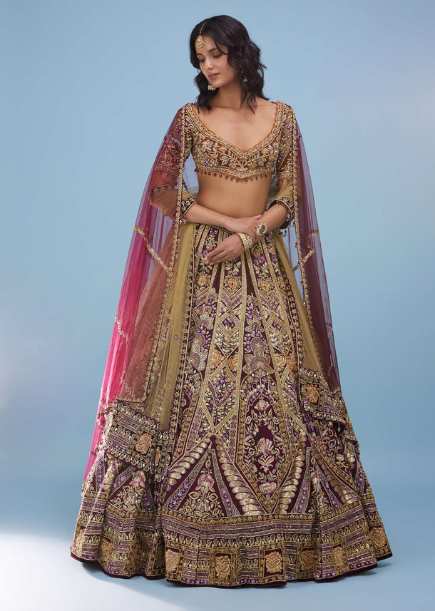 Wine Red Queenly Bridal Lehenga In Velvet With Heavy Floral Embroidery - NOOR 2022