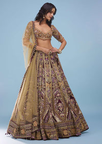 Wine Red Queenly Bridal Lehenga In Velvet With Heavy Floral Embroidery - NOOR 2022