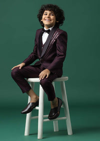 Kalki Wine Red Tuxedo Set In Rayon With Sequins Embroidery For Boys