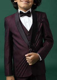 Kalki Wine Red Tuxedo Set In Rayon With Sequins Embroidery For Boys