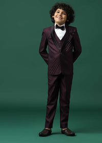 Kalki Wine Red Tuxedo Set In Rayon With Sequins Embroidery For Boys