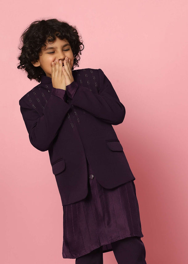 Kalki Wine Sherwani Set In Suiting Fabric With Threadwork For Boys