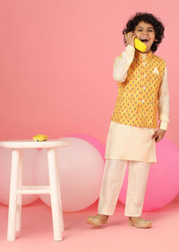 Kalki Winter White Kurta Set In Silk With Aspen Gold Yellow Bandi Jacket For Boys