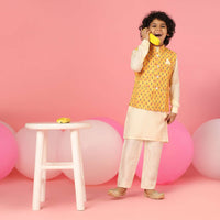 Kalki Winter White Kurta Set In Silk With Aspen Gold Yellow Bandi Jacket For Boys