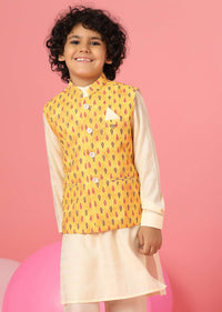 Kalki Winter White Kurta Set In Silk With Aspen Gold Yellow Bandi Jacket For Boys