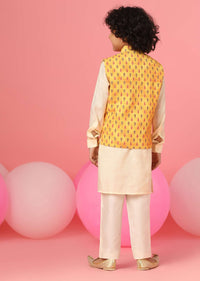 Kalki Winter White Kurta Set In Silk With Aspen Gold Yellow Bandi Jacket For Boys