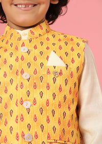 Kalki Winter White Kurta Set In Silk With Aspen Gold Yellow Bandi Jacket For Boys