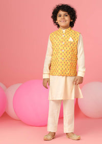 Kalki Winter White Kurta Set In Silk With Aspen Gold Yellow Bandi Jacket For Boys