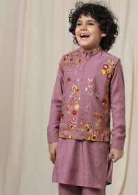 Kalki Wistful Mauve Purple Embroidered Bandi Kurta Set In Silk For Boys